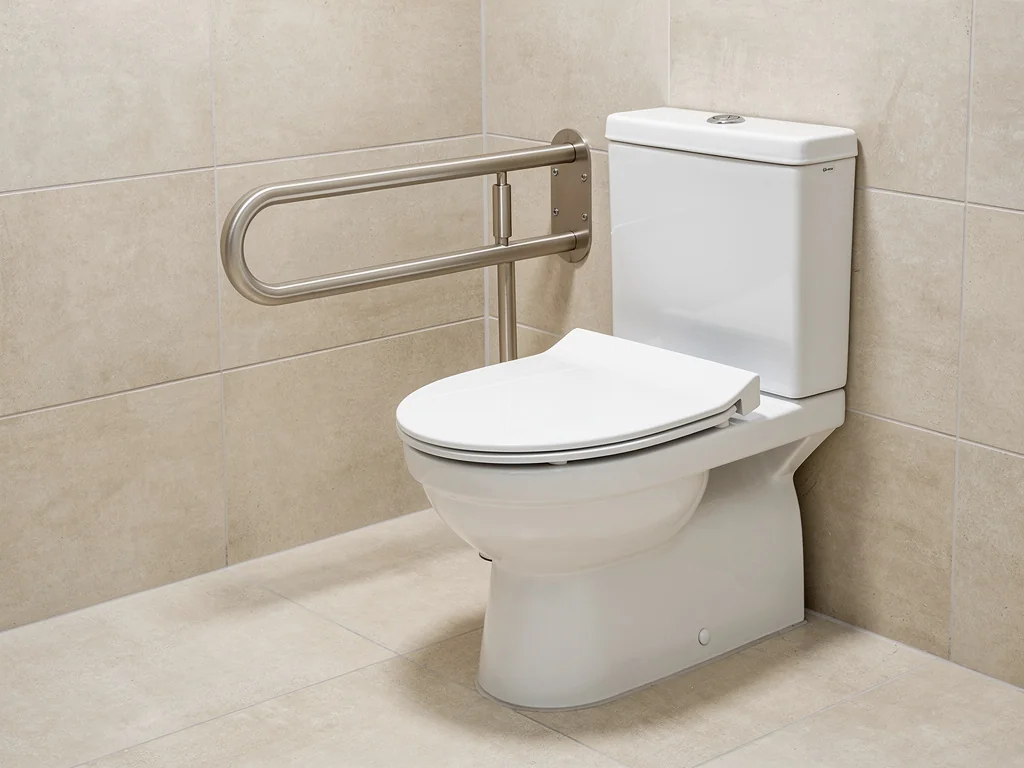 WC surélevé équipé d'une barre d'appui rabattable près de la cuvette